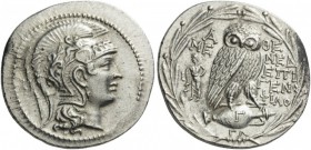 GREEK COINS 
 ATTICA 
 Athens. Circa 135/4 BC. Tetradrachm (Silver, 31mm, 16.75 g 12), New Style, Mened..., Epigeno... and Philo... Head of Athena P...