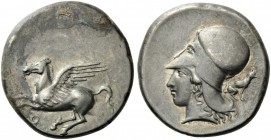 GREEK COINS 
 CORINTHIA 
 Corinth. Circa 400-375 BC. Stater (Silver, 20mm, 8.66 g 2). &#154; Pegasus flying left with pointed wing. Rev. Head of Aph...