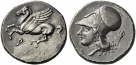 GREEK COINS 
 CORINTHIA 
 Corinth. Circa 400-375 BC. Stater (Silver, 20mm, 8.64 g 5). &#154; Pegasus flying left with pointed wing. Rev. Head of Aph...