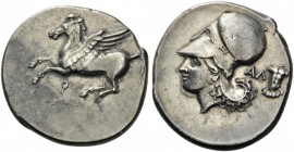 GREEK COINS 
 CORINTHIA 
 Corinth. Circa 375-300 BC. Stater (Silver, 22mm, 8.68 g 9). &#154; Pegasus flying left with pointed wing. Rev. Head of Aph...
