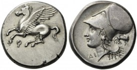 GREEK COINS 
 CORINTHIA 
 Corinth. Circa 375-300 BC. Stater (Silver, 21mm, 8.67 g 12). &#154; Pegasus flying left with pointed wing. Rev. Head of Ap...