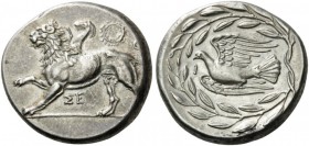 GREEK COINS 
 SIKYONIA 
 Sikyon. Circa 335-330 BC. Stater (Silver, 23mm, 12.24 g 12). ΣΕ Chimaera moving to the left on ground line, right paw raise...