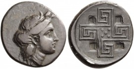 GREEK COINS 
 CRETE 
 Knossos. Circa 360-320 BC. Stater (Silver, 23mm, 10.92 g). Head of Demeter to right, wearing wreath of grain ears, pendant ear...