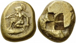 GREEK COINS 
 MYSIA 
 Kyzikos. Circa 500-450 BC. Stater (Electrum, 15x20mm, 15.97 g). Warrior, nude but for his helmet, kneeling to left, blowing tr...