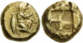 GREEK COINS 
 MYSIA 
 Kyzikos. Circa 500-450 BC. Stater (Electrum, 18mm, 15.93 g). Warrior, nude but for his helmet, kneeling to right examining an ...