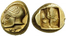 GREEK COINS 
 IONIA 
 Phokaia. Circa 521-478 BC. Hekte (Electrum, 9.5mm, 2.56 g). Helmeted male head to left, with frontal eye and tendril ornament ...
