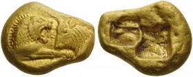 GREEK COINS 
 KINGS of LYDIA 
 Kroisos, Circa 560-546 BC. Stater (Gold, 18x14mm, 10.79 g), heavy standard, Sardes. On the left, forepart of a lion t...