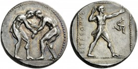 GREEK COINS 
 PAMPHYLIA 
 Aspendos. Circa 400-380 BC. Stater (Silver, 21mm, 10.93 g 6). Two nude wrestlers, standing and grappling with each other. ...