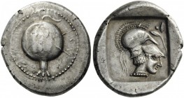 GREEK COINS 
 PAMPHYLIA 
 Side. Circa 430-400 BC. Stater (Silver, 25mm, 10.83 g 6). Pomegranate with its stem above and flower below. Rev. Head of A...