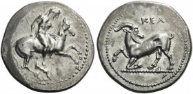 GREEK COINS 
 CILICIA 
 Kelenderis. Circa 350-330 BC. Stater (Silver, 24mm, 10.06 g 3). Youthful nude rider holding the reins with his left hand and...