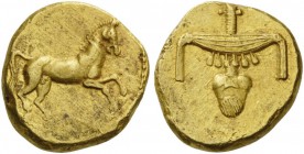 GREEK COINS 
 EGYPT 
 Nektanebo II, 361-343 BC. Stater (Gold, 15mm, 8.23 g 11). Horse prancing to right. Rev. Two hieroglyphic signs: pectoral neckl...