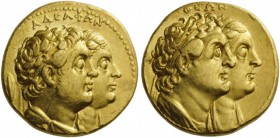 GREEK COINS 
 EGYPT 
 Ptolemy II Philadelphos, with Arsinöe II, Ptolemy I, and Berenike I, 285-246 BC. Mnaeion or Octodrachm (Gold, 24mm, 27.77 g 11...