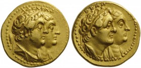 GREEK COINS 
 EGYPT 
 Ptolemy II Philadelphos, with Arsinöe II, Ptolemy I, and Berenike I, 285-246 BC. Pentekontadrachma, or Half Mnaieia (Gold, 21m...