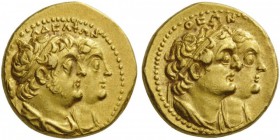 GREEK COINS 
 EGYPT 
 Ptolemy II Philadelphos, with Arsinöe II, Ptolemy I, and Berenike I, 285-246 BC. Didrachm, or Quarter Mnaieia (Gold, 16mm, 6.9...