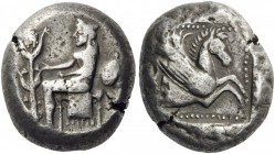 GREEK COINS 
 KYRENAICA 
 Kyrene. Circa 520/500 BC. Tetradrachm (Silver, 21mm, 17.13 g 7). The nymph Kyrene, wearing a chiton and a flat stephane, s...