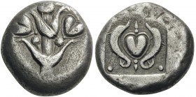 GREEK COINS
KYRENAICA
Kyrene. Circa 500-480 BC. Tetradrachm (Silver, 23mm, 17.00 g 3). Silphium plant with large central flower, two buds, two fruit...