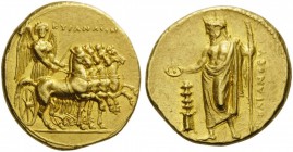 GREEK COINS 
 KYRENAICA 
 Barke. Circa 331-322 BC. Stater (Gold, 19mm, 8.63 g 11), Polyanthes. ΚΥΡΑΝΑΙΟΝ Nike, holding goad in her right hand and th...