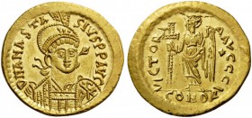 BYZANTINE AND EARLY MEDIEVAL COINS 
 Anastasius I, 491-518. Solidus (Gold, 20mm, 4.51 g 7), Constanti­nople, 492-507. D N ANASTA - SIVS P P AVC Helme...