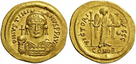 BYZANTINE AND EARLY MEDIEVAL COINS 
 Justinian I, 527-565. Solidus (Gold, 21mm, 4.40 g 6), Thessalo­nica, 538-545. DN IVSTINIANVS P P AVG Diademed, h...