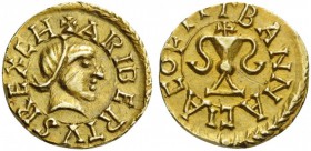 BYZANTINE AND EARLY MEDIEVAL COINS 
 MEROVINGIANS, Banassac. Charibert II, 629-632. Tremissis (Gold, 12mm, 1.26 g 6). CH+ARIBERTVS REX Diademed head ...