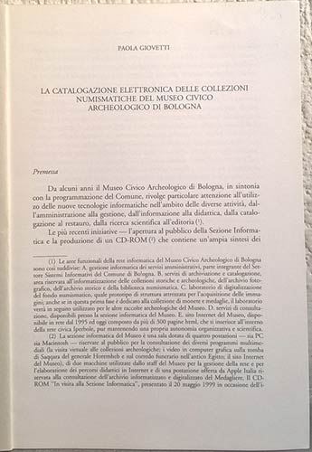 GIOVETTI P. La catalogazione elettronica delle collezioni numismatiche del Museo...