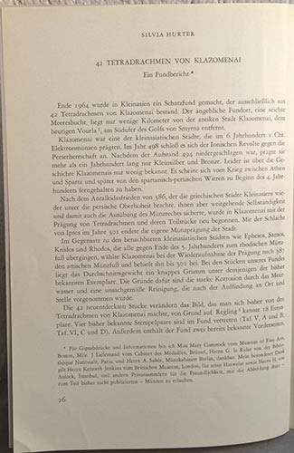 HURTER Silvia. Tetradrachmen von Klazomenai. pp. 10, tavv. 7. importante con tav...