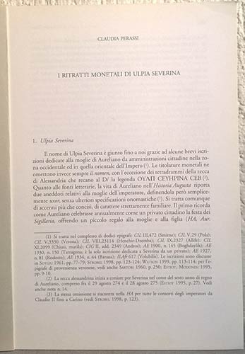 PERASSI Claudia. I ritratti monetali di Ulpia Severina. pp. 36, tavv. 5