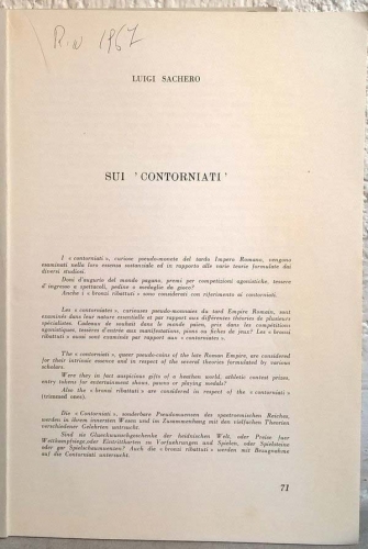 SACHERO Luigi. Sui Contorniati. S.l.s.d. Brossura muta, pp. 22, ill.