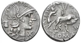 Sex. Pompeius AR Denarius circa 137, (18.5mm., 3.94g.) Obv. Helmeted head of Roma r.; below chin, X. In l. field, jug. Rev. SEX.PO FOSTLVS She-wolf su...