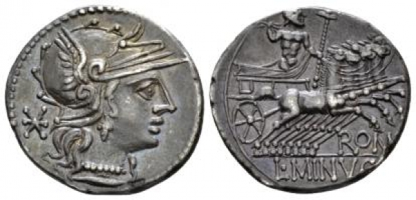 L. Minucius AR Denarius circa 133, (20mm., 3.83g.) Obv. Helmeted head of Roma r....