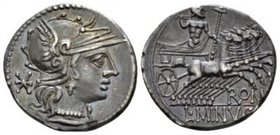 L. Minucius AR Denarius circa 133, (20mm., 3.83g.) Obv. Helmeted head of Roma r.; behind, Ú. Rev. Jupiter in prancing quadriga r., hurling thunderbolt...
