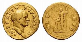 Vespasianus (69-79). Aureus 70/72, Rome 7.08g.. Obv. IMP CAES VESP AVG PM, laurel bust on the right. Rev. NEP RED, Neptune is left holding Acrostolium...