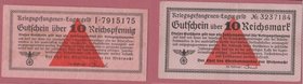 GERMANY, Wiezendorf Prison Camp, Lot 2 bills:10 Reichmark rare 1943-1945 and 10 Reichspfenning 1943-1945 about Extremely Fine (Sold as is, no returns)