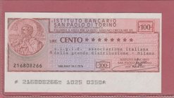 ITALY, Istituto Bancario San Paolo di Torino, Lire Cento Aigid Milano 14.1.1976 Very Fine plus