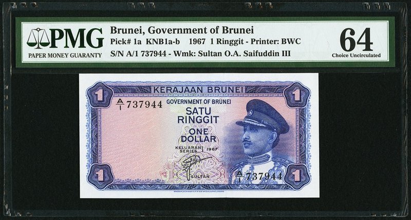 Brunei Government of Brunei 1 Ringgit 1967 Pick 1a KNB1 PMG Choice Uncirculated ...