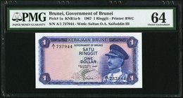 Brunei Government of Brunei 1 Ringgit 1967 Pick 1a KNB1 PMG Choice Uncirculated 64. Previously mounted.

HID09801242017