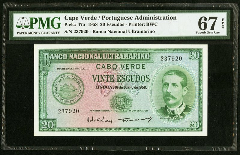Cape Verde Banco Nacional Ultramarino 20 Escudos 16.6.1958 Pick 47a PMG Superb G...