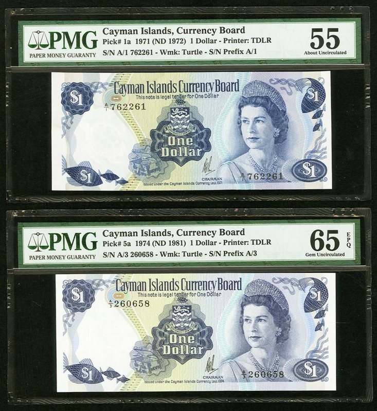 Cayman Islands Currency Board 1 Dollar 1971 (ND 1972); 1974 (ND 1981) Pick 1a; 5...