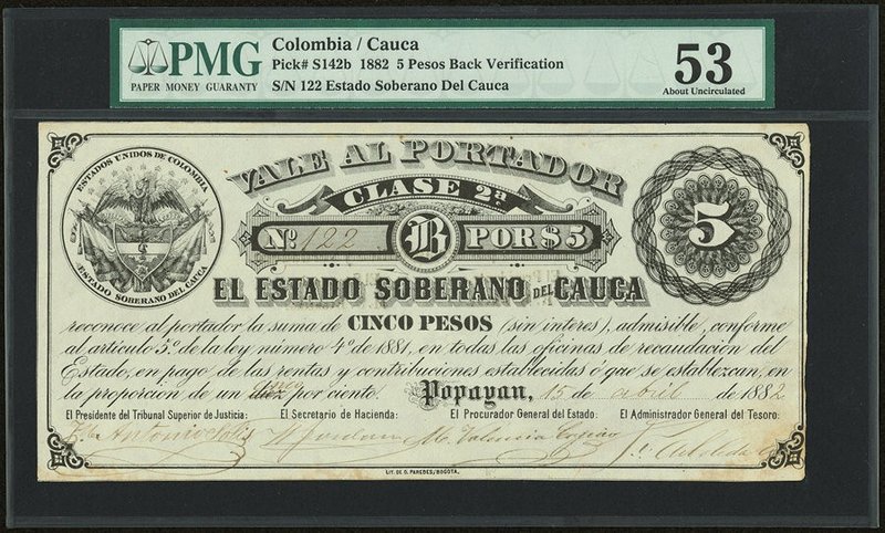 Colombia Banco de Cauca 5 Pesos 15.4.1882 Pick S142b PMG About Uncirculated 53. ...