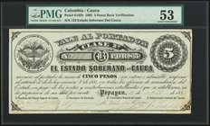 Colombia Banco de Cauca 5 Pesos 15.4.1882 Pick S142b PMG About Uncirculated 53. Hand signed; light discoloration.

HID09801242017