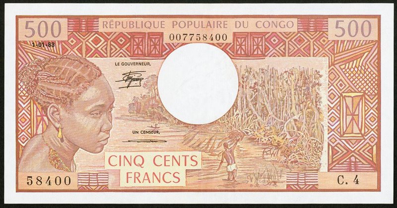 Congo Banque des Etats de l'Afrique Centrale 500 Francs 1.1.1983 Pick 2d About U...