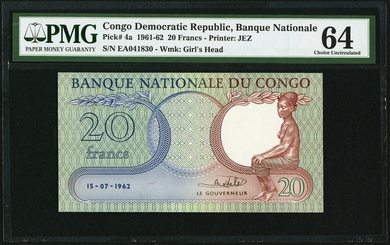 Congo, Democratic Republic Banque Nationale du Congo 20 Francs 15.7.1962 Pick 4a...