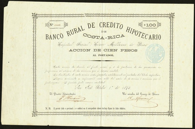 Costa Rica Banco Rural de Credito Hipotecario 100 Pesos 1.1.1873 Pick S218 Very ...