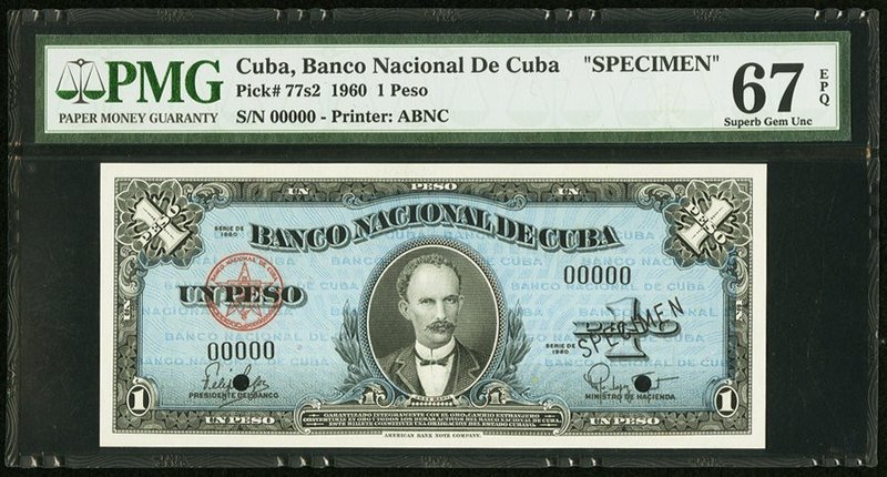 Cuba Banco Nacional de Cuba 1 Peso 1960 Pick 77s2 Specimen PMG Superb Gem Unc 67...
