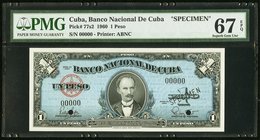 Cuba Banco Nacional de Cuba 1 Peso 1960 Pick 77s2 Specimen PMG Superb Gem Unc 67 EPQ. Two POCs.

HID09801242017