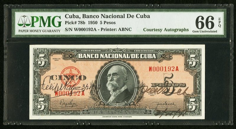 Cuba Banco Nacional de Cuba 5 Pesos 1950 Pick 78b "Courtesy Autographs" PMG Gem ...