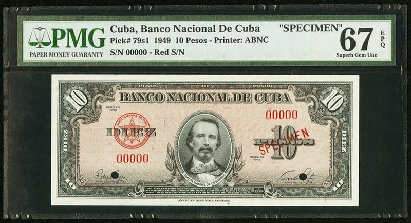 Cuba Banco Nacional de Cuba 10 Pesos 1949 Pick 79s1 Specimen PMG Superb Gem Unc ...