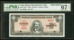 Cuba Banco Nacional de Cuba 10 Pesos 1949 Pick 79s1 Specimen PMG Superb Gem Unc 67 EPQ. Two POCs.

HID09801242017