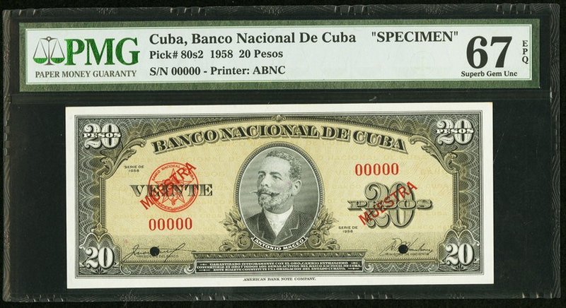 Cuba Banco Nacional de Cuba 20 Pesos 1958 Pick 80s2 Specimen PMG Superb Gem Unc ...