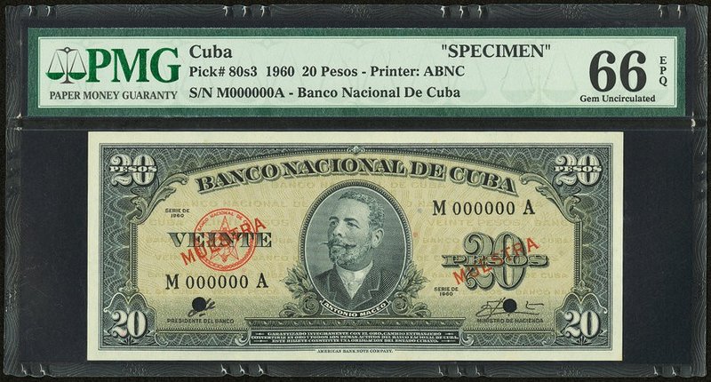 Cuba Banco Nacional de Cuba 20 Pesos 1960 Pick 80s3 Specimen PMG Gem Uncirculate...